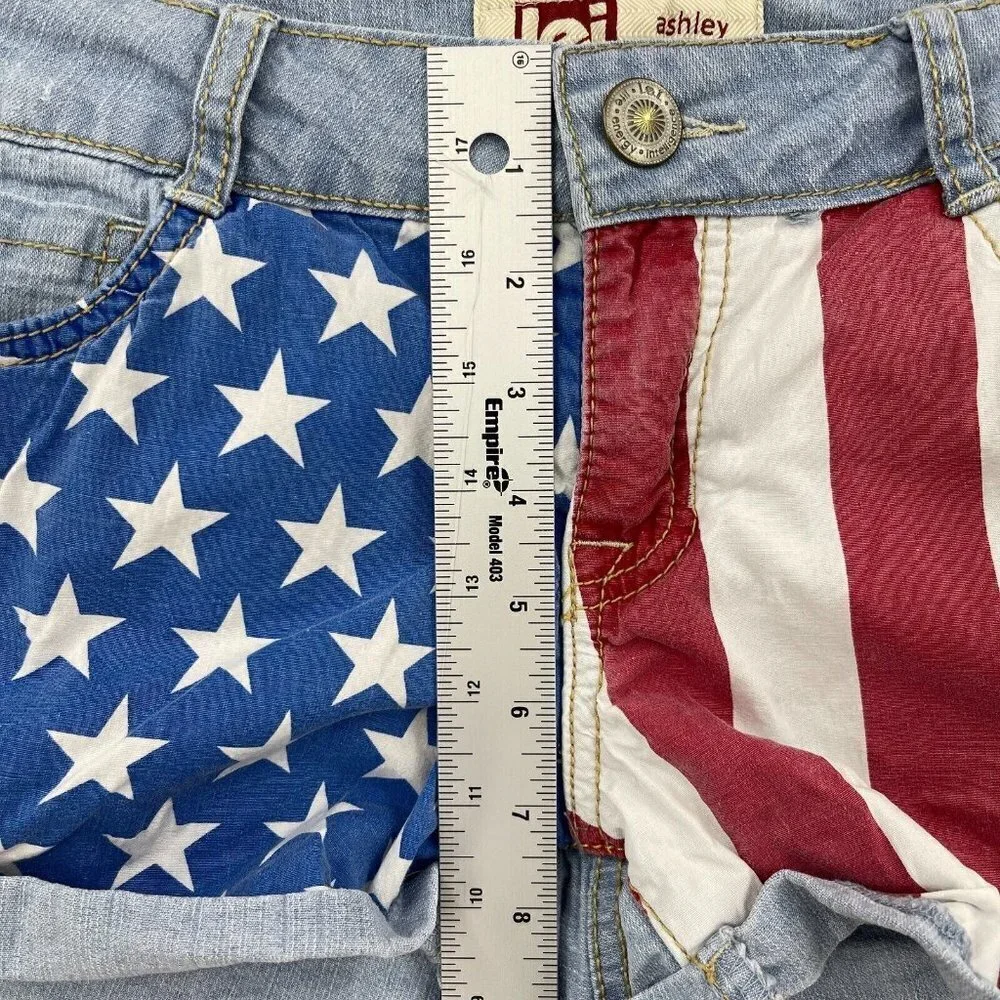 L.e.i. US American Flag Print Low Rise Denim Cuffed Shorts Retro Y2K - Picture 9 of 10